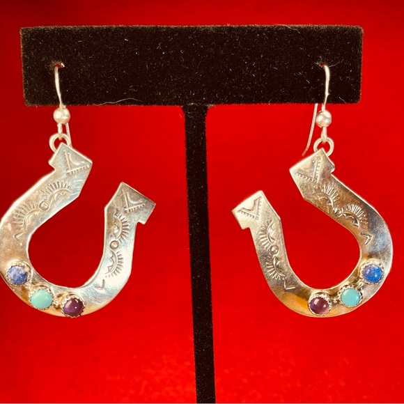 Sterling Horseshoe Earrings with Stones and Stampwork. Hallmarked.  Ships FREE - Picture 5 of 9